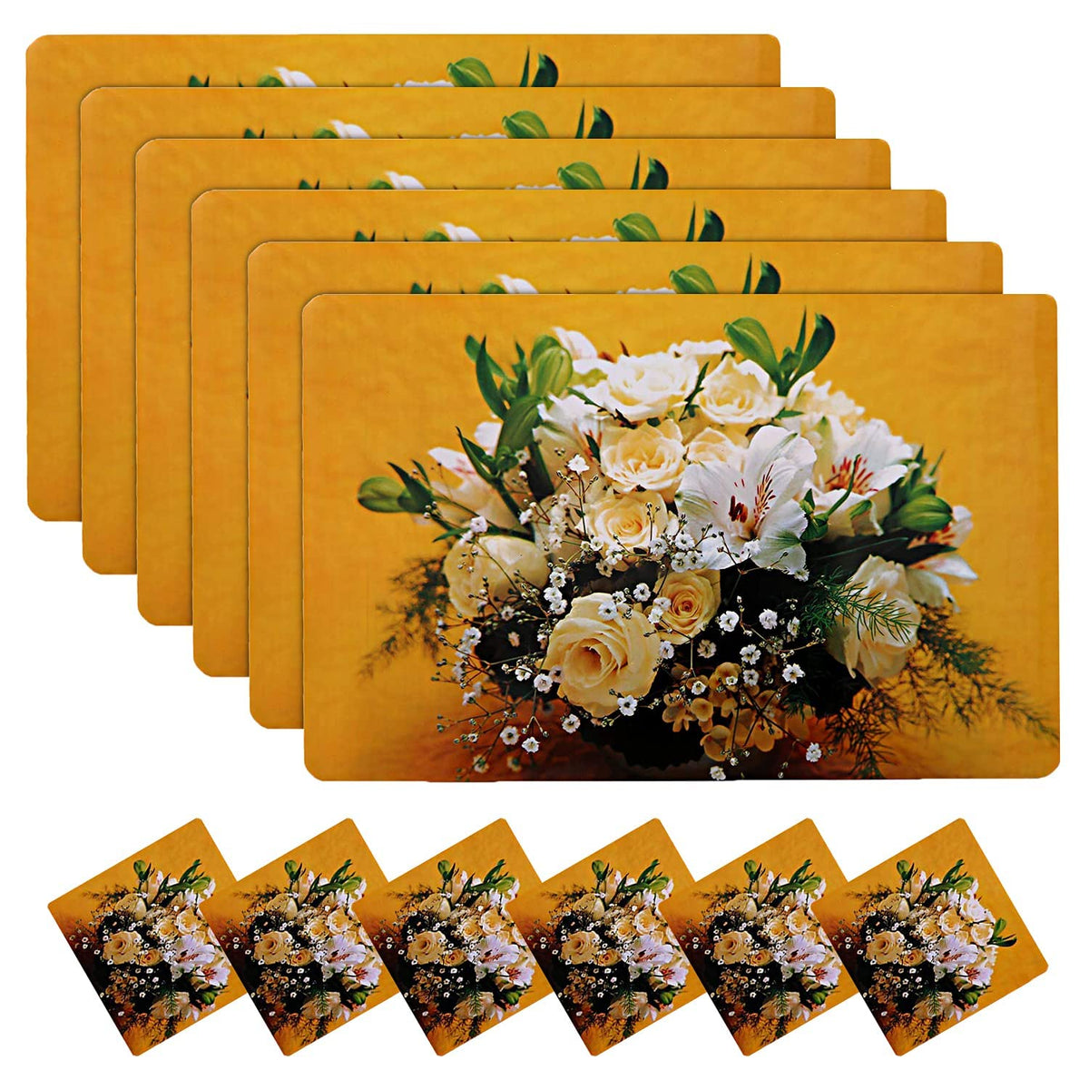 Kuber Industries PVC Flower Pot Design Dining Table Placemat Set with Tea Coasters (Yellow, CTKTC032185) - 6 Pieces