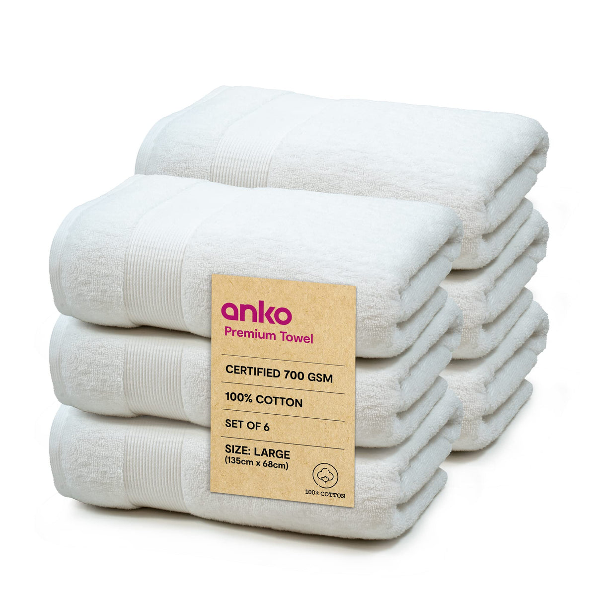 Anko Australia 100% Cotton 700 GSM Large Plush Bath Towel | Set of 6 | Super-Soft, Absorbent, Quick-Drying | White Towel for Men, Women & Kids | 135x68 cm |Travel, Gym, Spa Towel