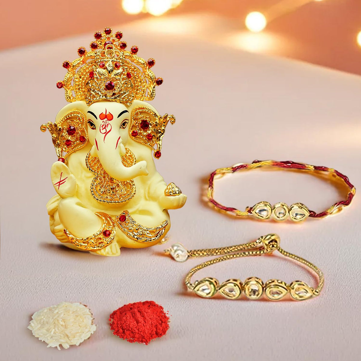 Ekhasa Rakhi Gift Set for Brother | Bhaiya Bhabhi Raakhi with Ganesha Idol Combo | Designer Lumba Rakhis | Raki for Kids Bracelet for Men, Women | Rakshabandhan Rakhee Combo Kit with Roli & Chawal