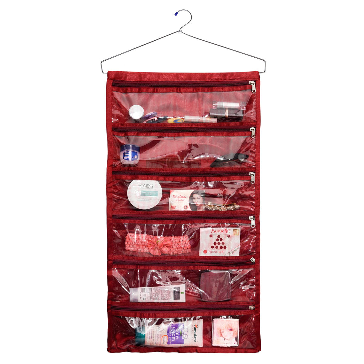 Kuber Industries Hanging Organizer | Satin Storage Hanger | 6 Pocket Hanging Organizer | Storage Organizer with Hanger | Jewellery Kit | Jewellery Hanging Organizer | Maroon