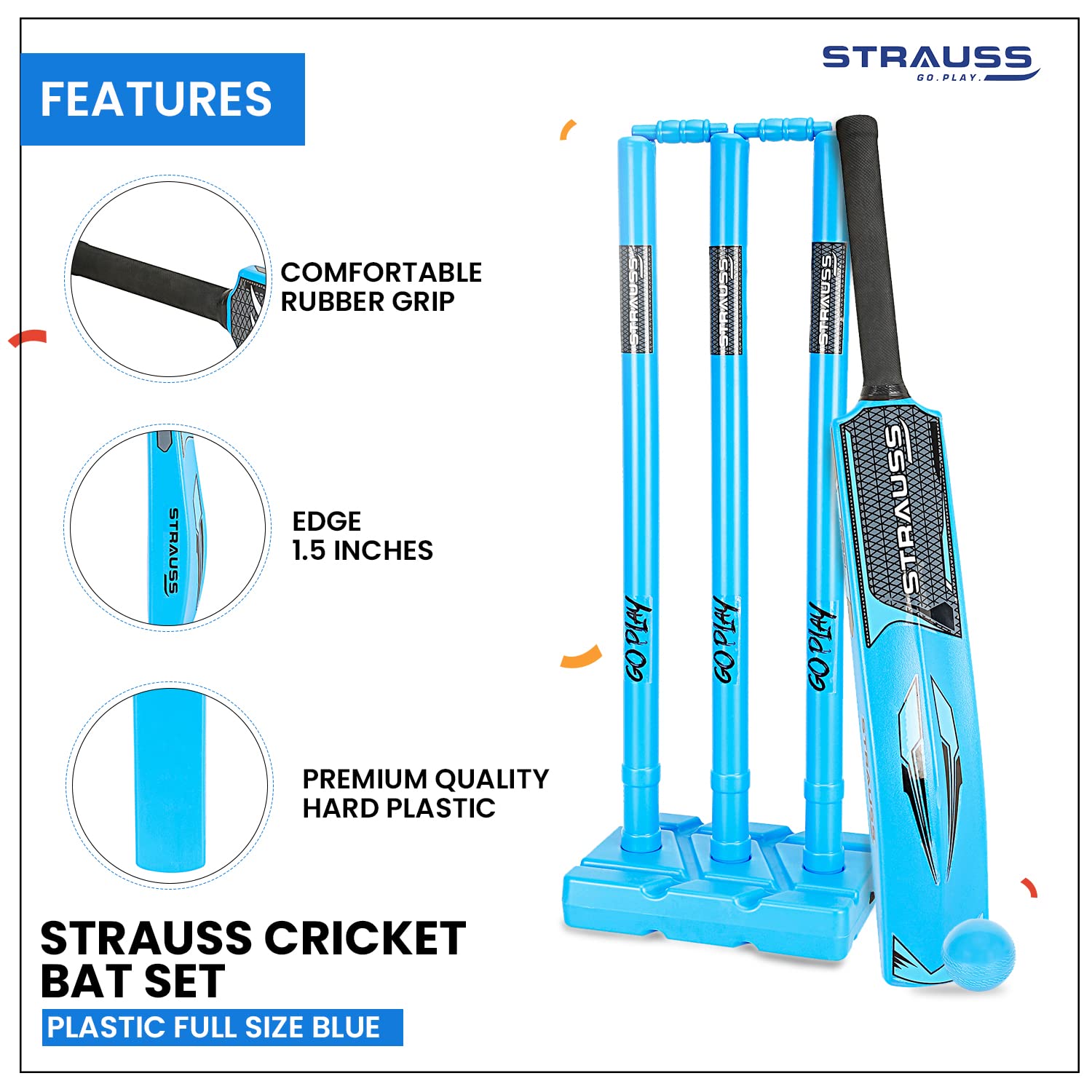 STRAUSS Cricket Set (Full-Size)|Durable Plastic Bat, Ball, Wickets