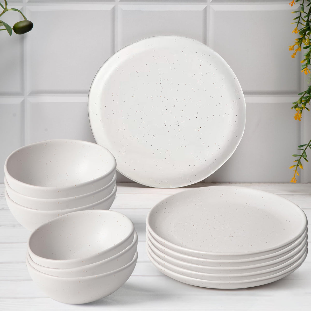 Anko Bodrum Stoneware 12 pcs Dinner Set | Premium Crockery for Dining Table, Home, Restaurant, Gifting | Aesthetic Tableware Service Set for 6 | 6 Bowls (6"), 6 Side Plates (7"), Speckled White