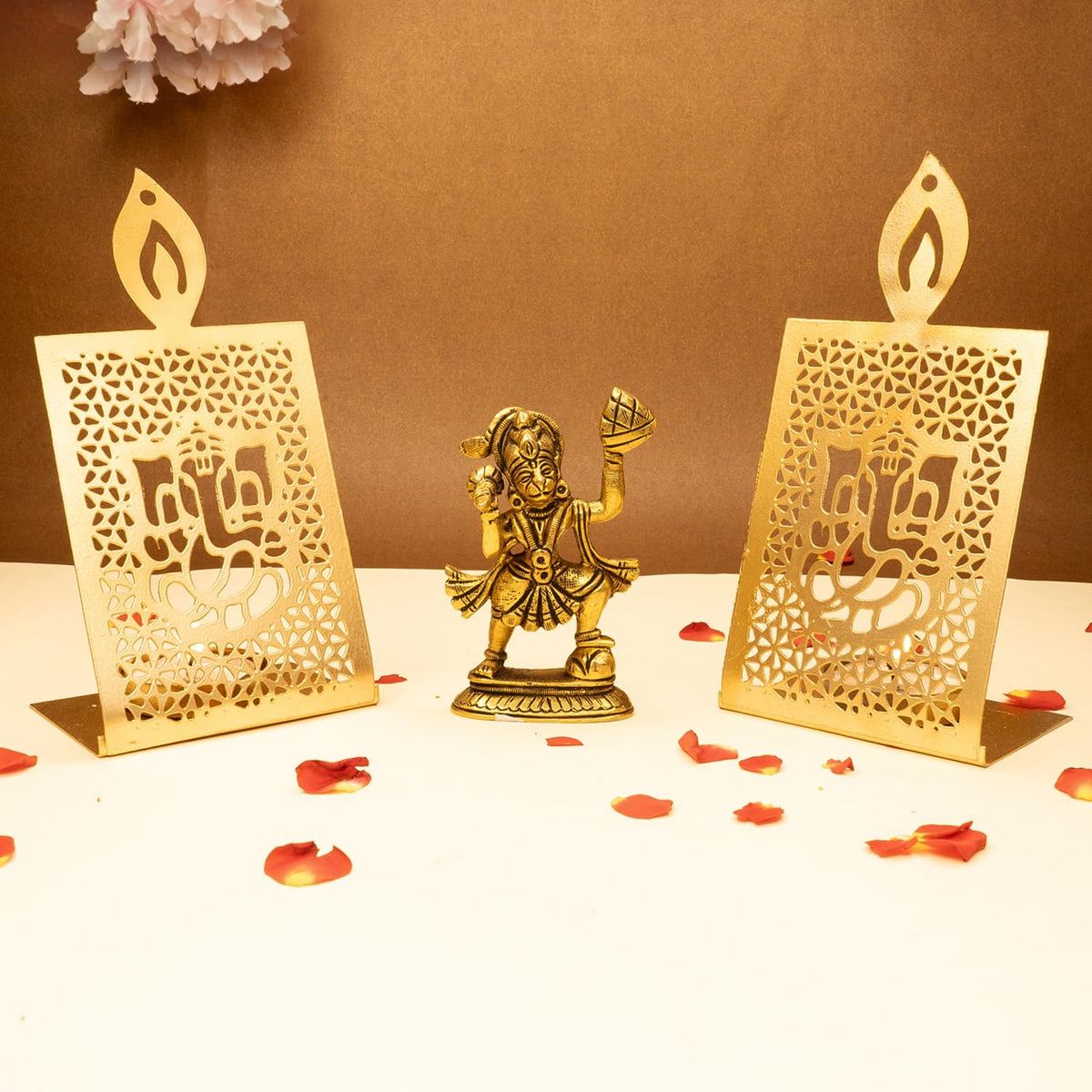 Ekhasa 100% Pure Brass Hanuman Ji Murti & Ganesh Tealight Candle Holder for Home Puja (8.4 cm) | Lord Hanuman Idol for Desk, Car & Home Decor | Bajrangbali Murti | Bahubali Hanuman Idol (Combo Set)