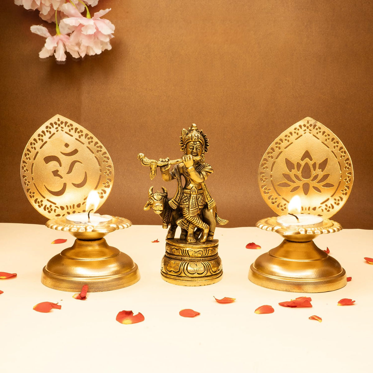 Ekhasa 100% Pure Brass Lord Krishna Idol with Flute & Tealight Candle Holder | Shree Krishna Statue for Home Decor | Kanha Ji ki Murti for Office Desk | Sri Krishna Idols Gift (Combo)