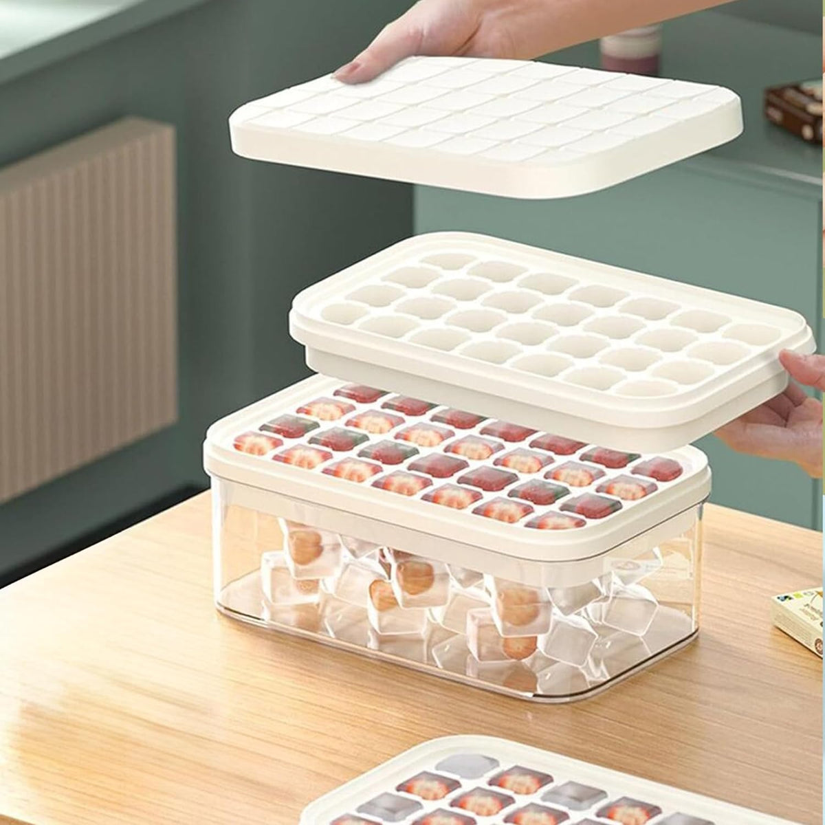 Homestic 2 Layer Ice Cube Trays with Storage Box & Ice Scoop | 56 Compartments | One Press Demolding | Ice Cubes for Whiskey Cocktails Mocktails Soft Drinks | BPA Free | White