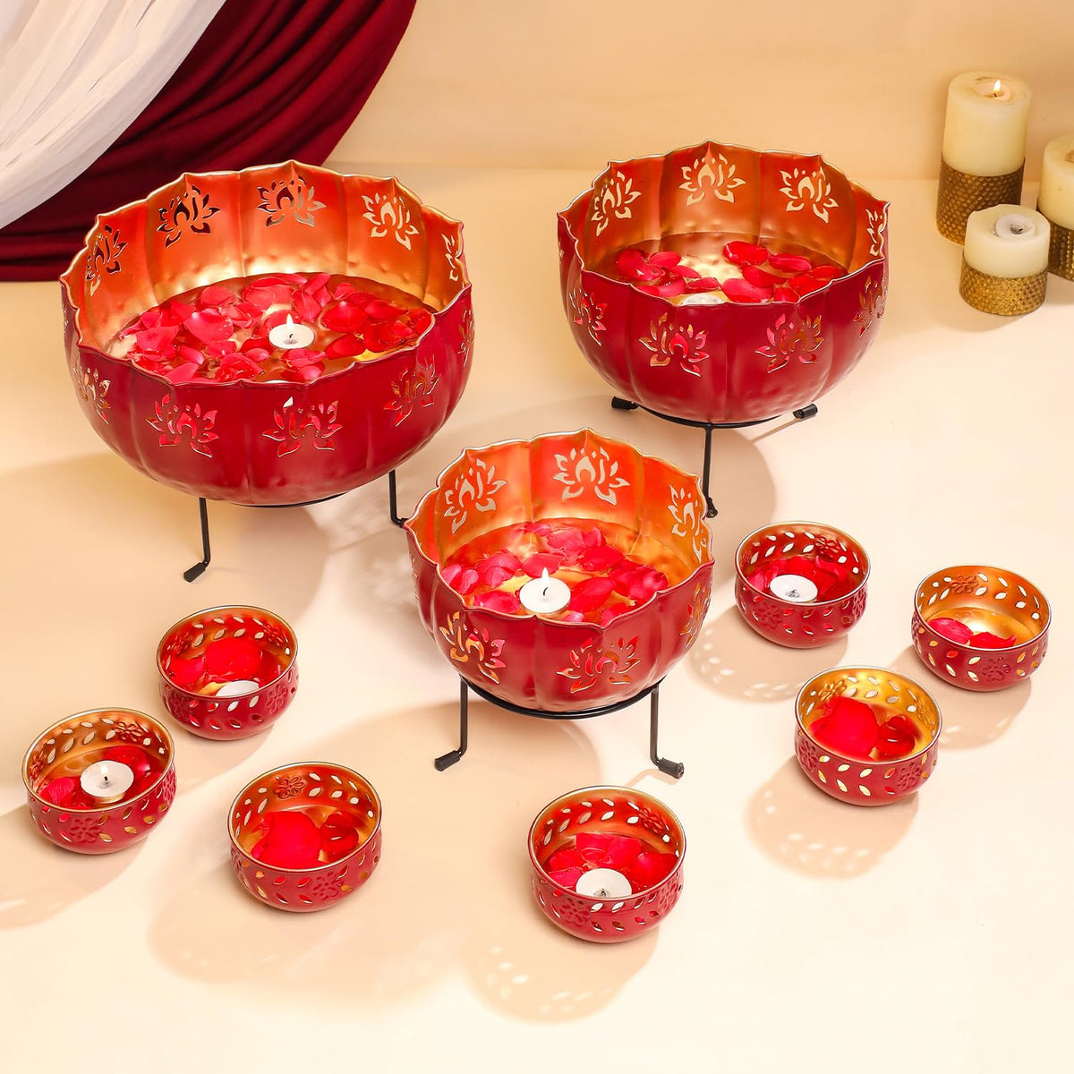 Ekhasa Big Combo Pack Urli Bowl Set with Stand for Home Decor and Decorative Items (includes 3 Bowls, 3 Stands, 7 Tealight Holders) | Floating Flowers Water Bowl for Diwali Pooja, Festival Decoration