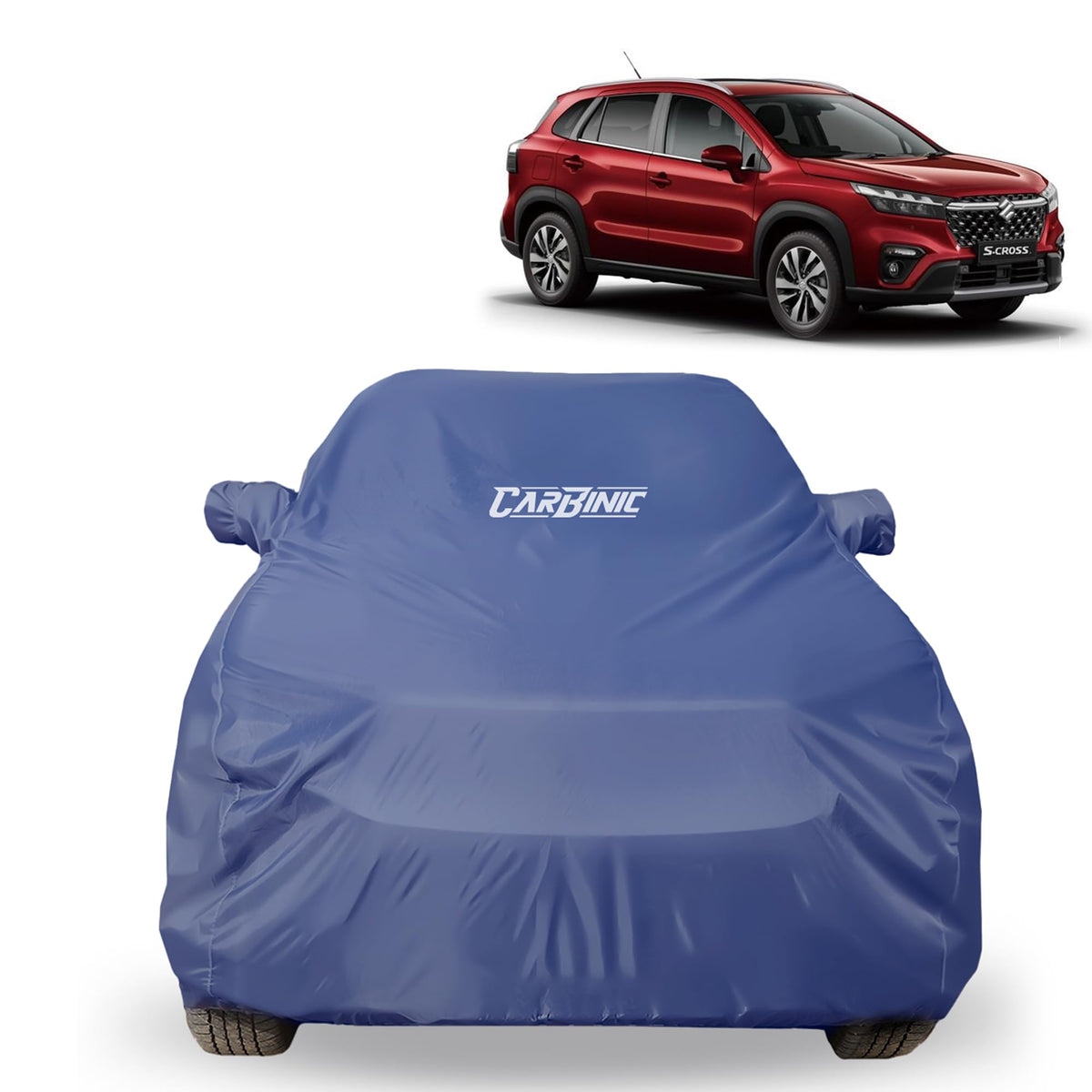 CARBINIC Car Body Cover for Maruti S-Cross 2022 | Water Resistant, UV Protection Car Cover | Scratchproof Body Shield | All-Weather Cover | Mirror Pocket & Antenna | Car Accessories Dusk Blue