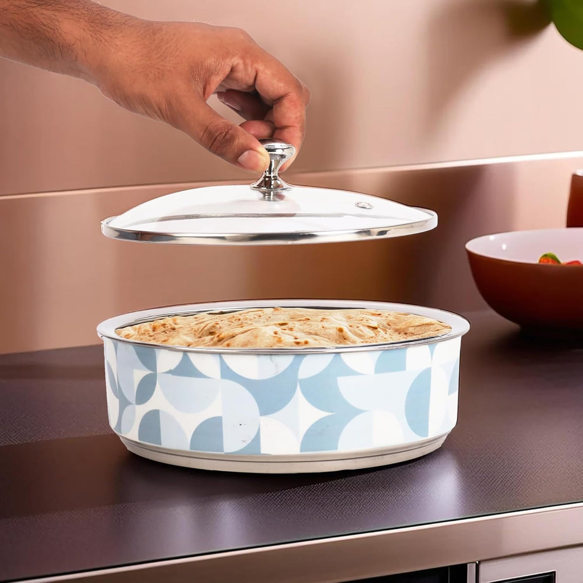 Kuber Industries Pack of 4 Stainless Steel Insulated Hotpot Roti Box with Transparent Glass Lid | 1.5L Chapati Casserole for Dining Table - Light Blue