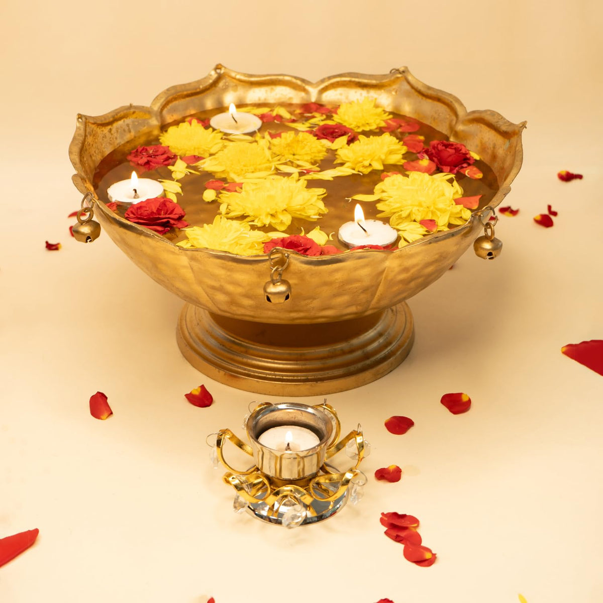 Ekhasa Urli Bowl for Home Decor & Table Decoration | Floating Flowers, Tealight Candles Water Bowl for Diwali Pooja & Festivals | Gift for House Warming Ceremony (Tealight, Urli Combo)