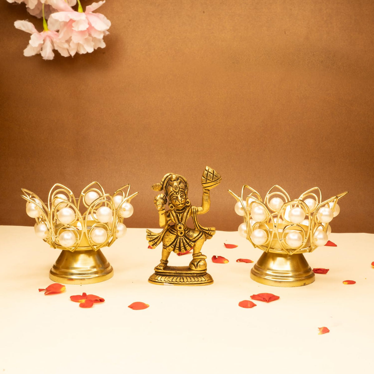 Ekhasa 100% Pure Brass Hanuman Ji Murti and Tealight Candle Holder for Home Puja (Size: 8.4 cm) | Lord Hanuman Idol for Desk, Car and Home Decor | Bajrangbali Murti | Bahubali Hanuman Idol (Combo Set)