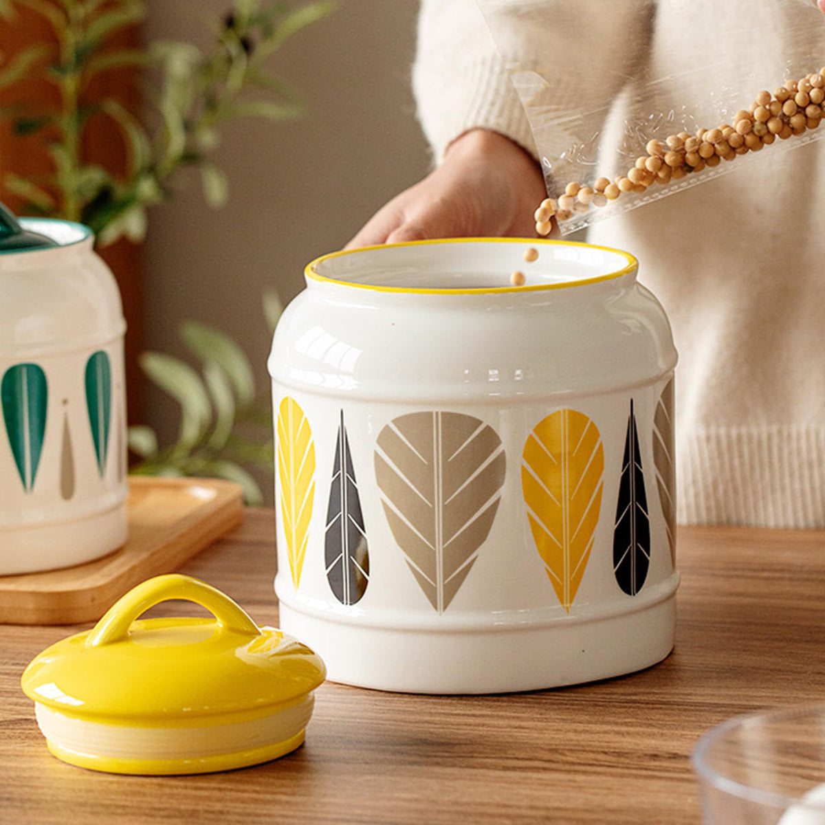 UMAI Ceramic Jar | 2.5 Litre Capacity | Printed Leaf Design | Multipurpose Kitchen Storage Jar for Kitchen Storage with Lid |