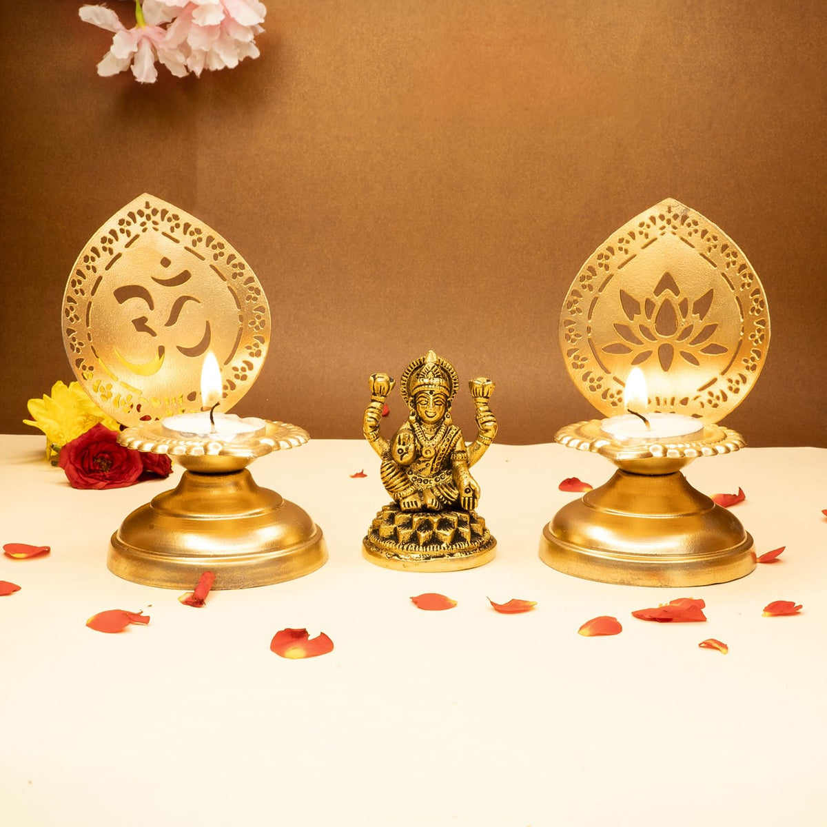 Ekhasa 100% Pure Brass Lakshmi Devi Idol & Tealight Candle Holder (8.4 CM) | Goddess Laxmi Idol for Pooja Room, Home Decor, Car Dashboard, Office Desk | Varalakshmi Puja Idol for Diwali (Combo Set)