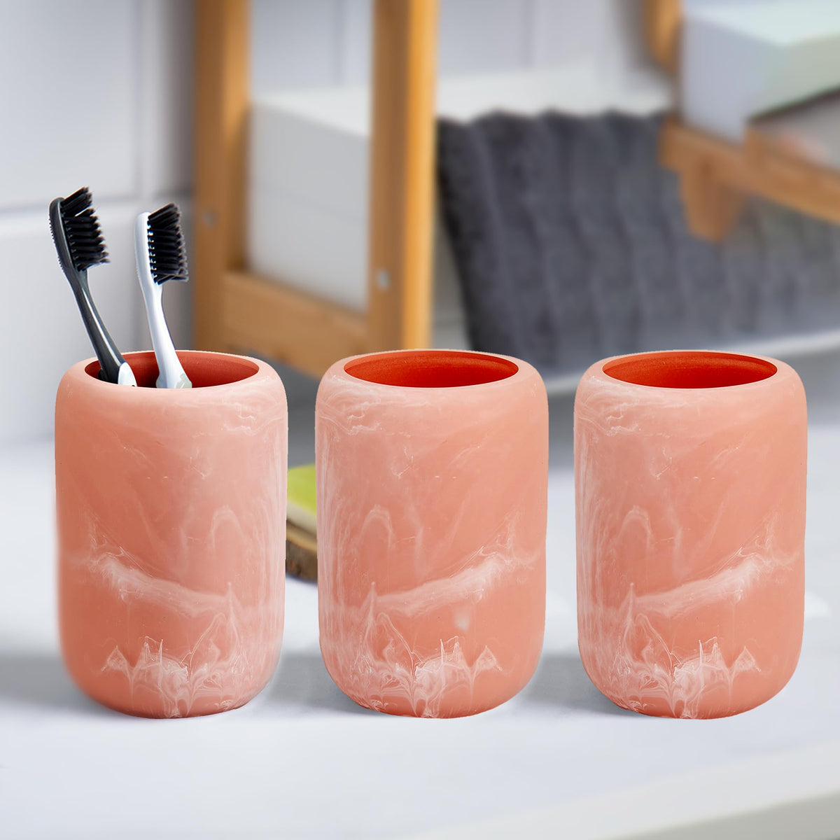 Anko Resin Toothbrush Holder for Bathroom | Toothpaste, Makeup Brush Holder for Bathroom | Bathroom Accessories for Wash Basin | Home, Office, Bathroom Organiser | Pink | Set of 3