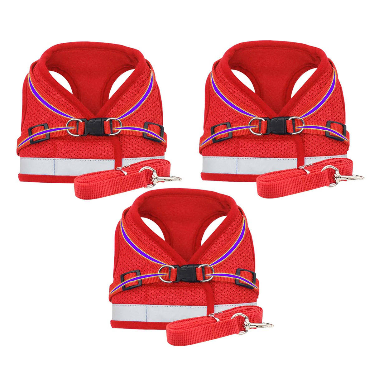 Kuber Industries Reflective Dog Harness with Adjustable Leash|Breathable Polyester Mesh Fabric |Medium Size|HT-844|Comfortable No-Pull Grip|Quick Release Buckles|Easy On-Off Harness|Red (Pack of 3)
