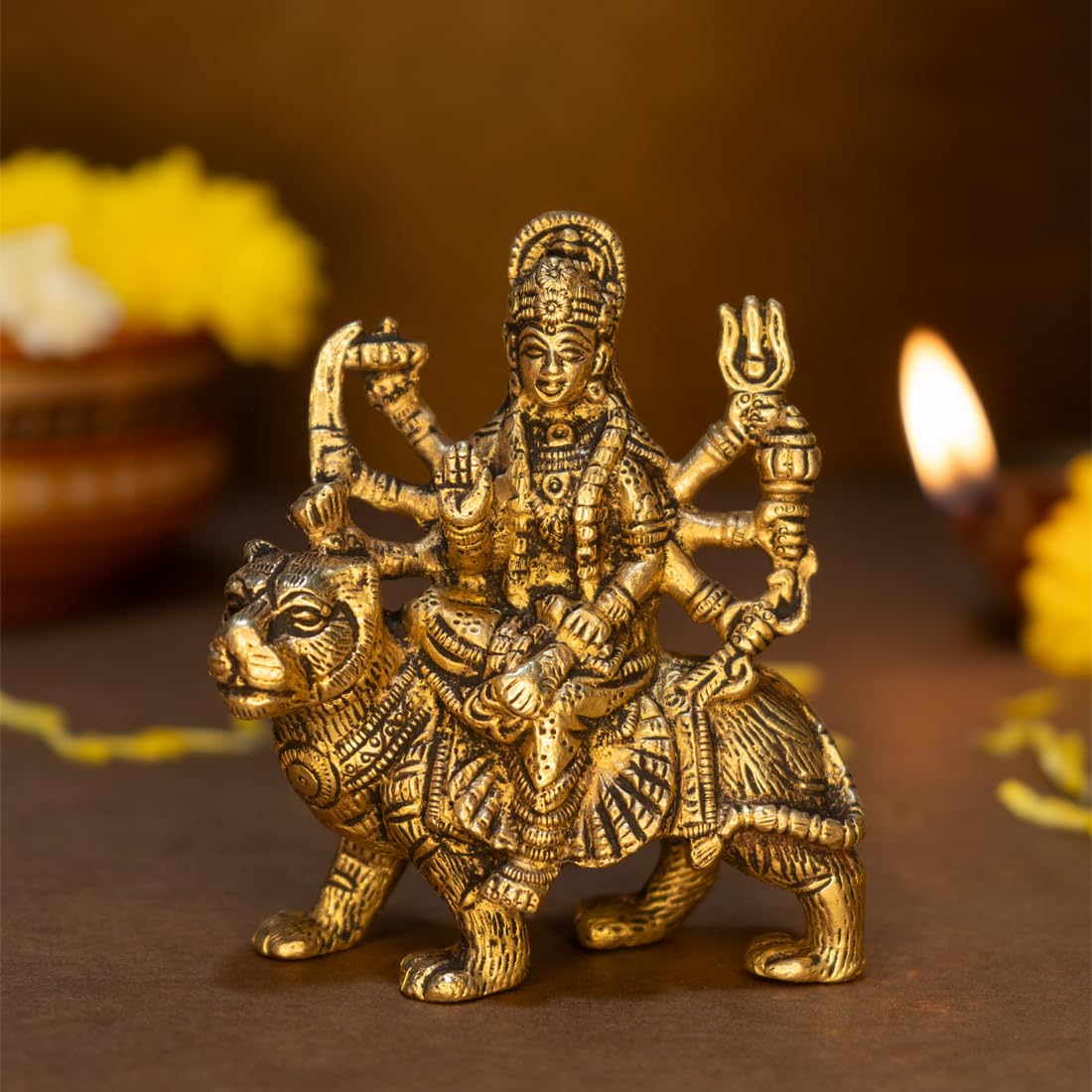 Ekhasa 100% Pure Brass Durga Maa Idol (Size: 12.8 cm) | Durga Mata Murti for Home Decor & Puja Room | Mata Rani Murti for Office Desk | Maa Durga Murti for Gift | Sherawali Mata Murti