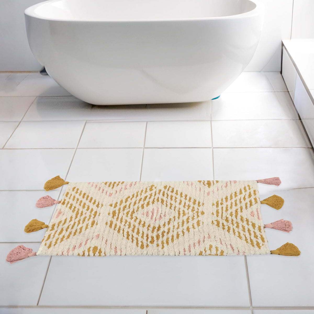 Anko Cotton Tufted Bath Runner | Quick Dry Lightweight Bath Mat for Home, Kitchen, Bathroom, Bedroom | Fast Water Absorption Doormat | Machine Washable Shower Mat/Rug | 50 x 80cm, Pink & Yellow