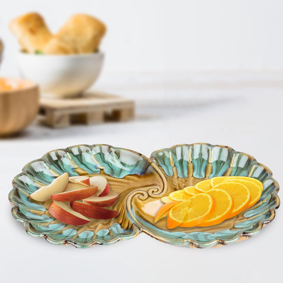 Ekhasa Ceramic Serving Tray for Snacks | Fancy Platters for Appetizer Serveware | Tea Snacks, Desserts, Dry Fruits, Salad, Starter Plates for Dining | Designer Shell Shape Tray Set (Multi Colour)