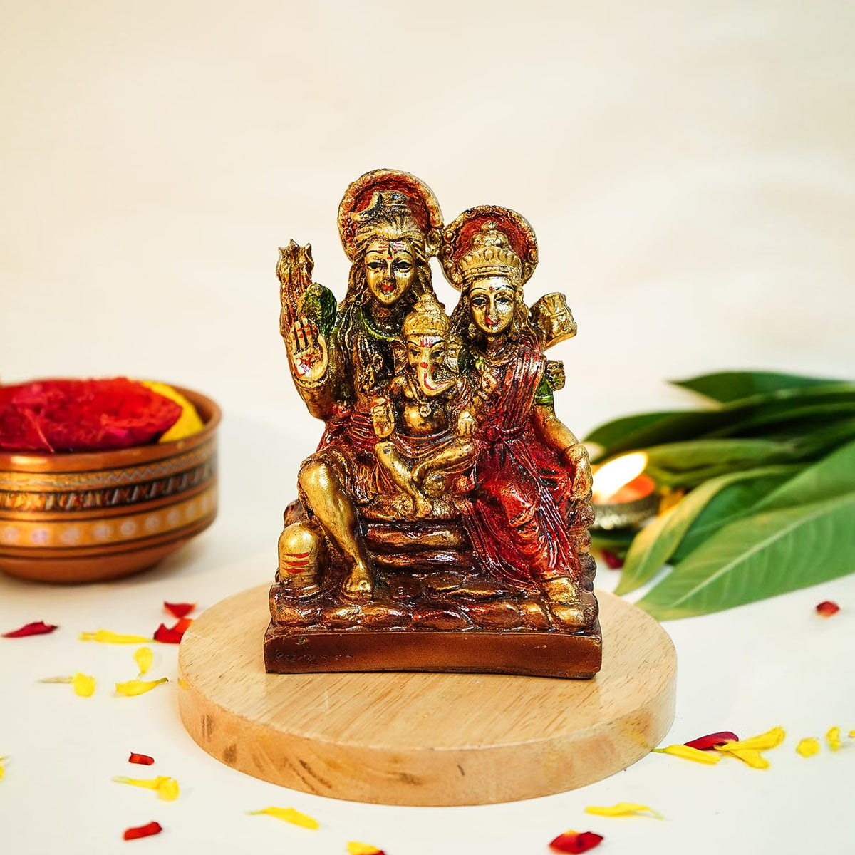 Ekhasa Aura Series Antique Gold Painted Shiv Parivar Murti (5 inch) | Marble Dust Shiv Parvati Murti for Pooja Room, Home Decor & Office | Resin Shiva Parvati Idol | Mahadev Bholenath Pariwar Statue