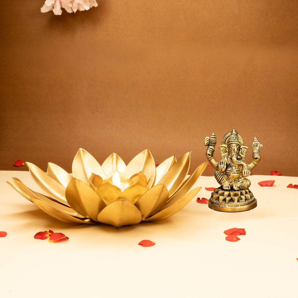 Ekhasa 100% Pure Brass Ganesha Idol & Tealight Candle Holder (Size: 8.4 cm) | Pital Ganesh Murti for Pooja Room, Home Decor, Office Desk, Car Dashboard | Vinayagar Statue for Diwali Puja (Combo Set)