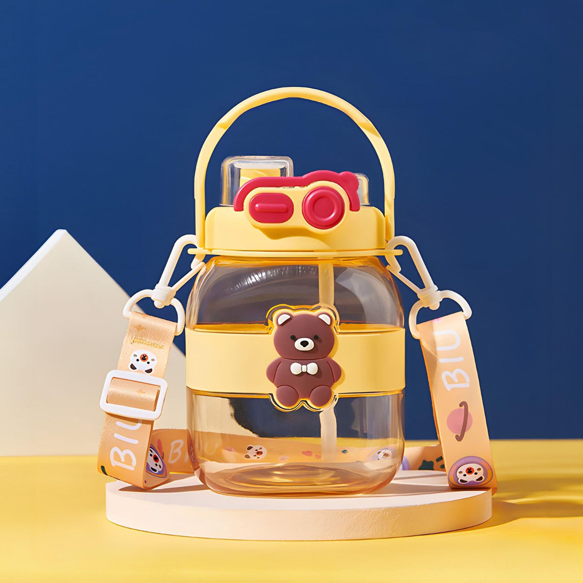 Kuber Industries Pack of 2 Kids Water Bottle With Straw |Cute Teddy Bear Sipper Water Bottle For Kids Boys Girls| Water Bottle with Locking Flip Lid | 1000 ML | Yellow | SYZ-7728B