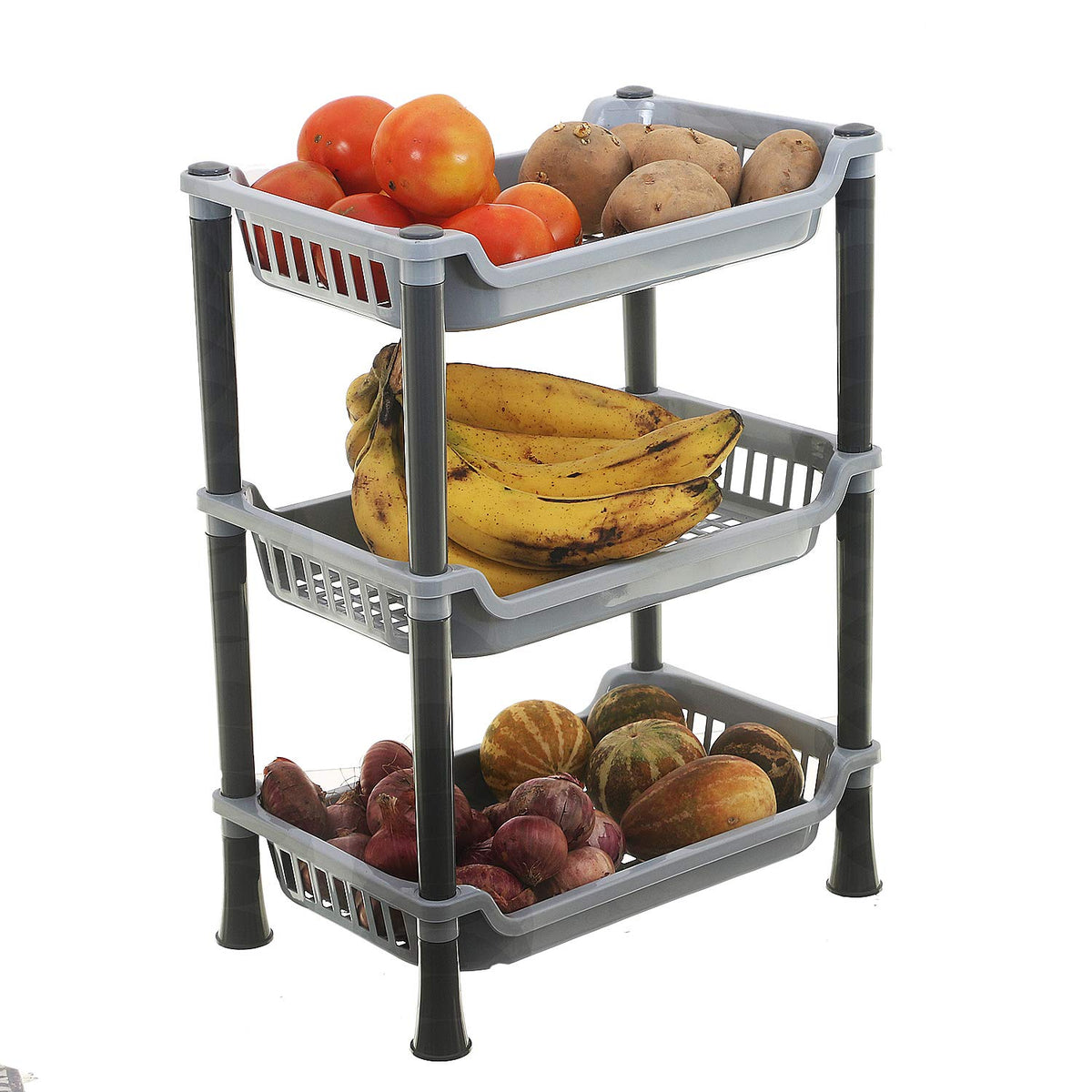 Kuber Industries Plastic 3 Layer Multi-Purpose Kitchen Storage Basket Rack (Grey) - CTKTC030659