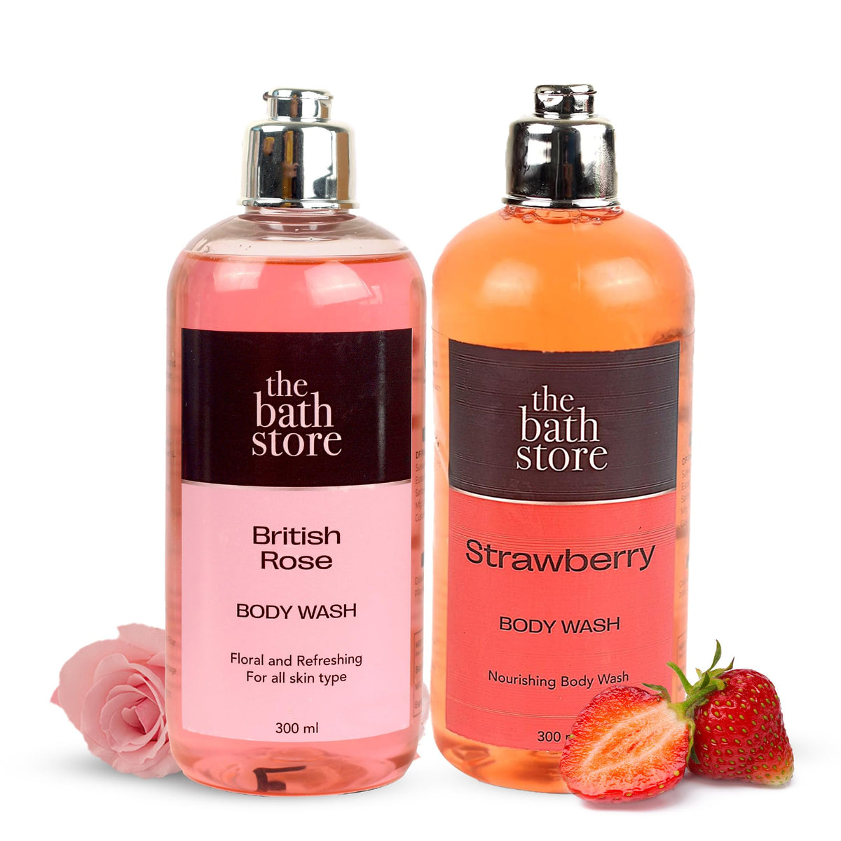 The Bath Store Body Wash Shower Gel Pack of 2 (Strawberry + British Rose) | Moisturizing Body Wash For Dry Skin & Oily Skin | Tan Removal Body Wash For men & women - (300 * 2) ml