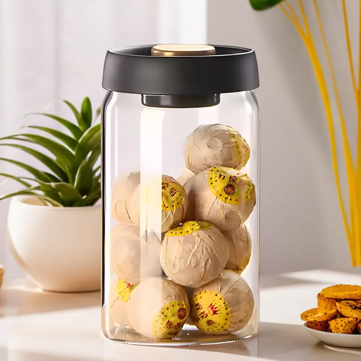 UMAI Borosilicate Glass Jars for Kitchen Storage with Vacuum Plastic Lids | 1200ml | Multipurpose, Airtight, Leakproof Jars for Cookies, Snacks, Spices, Tea, Coffee |