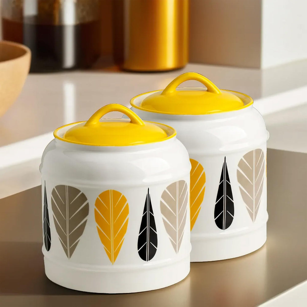 UMAI Ceramic Jars for Kitchen Storage | 2.5 Litre Each | Printed Leaf Design | Multipurpose Kitchen Storage containers for Pickles, Grains, Nuts, Dry Fruits, Spices | Pack of 2