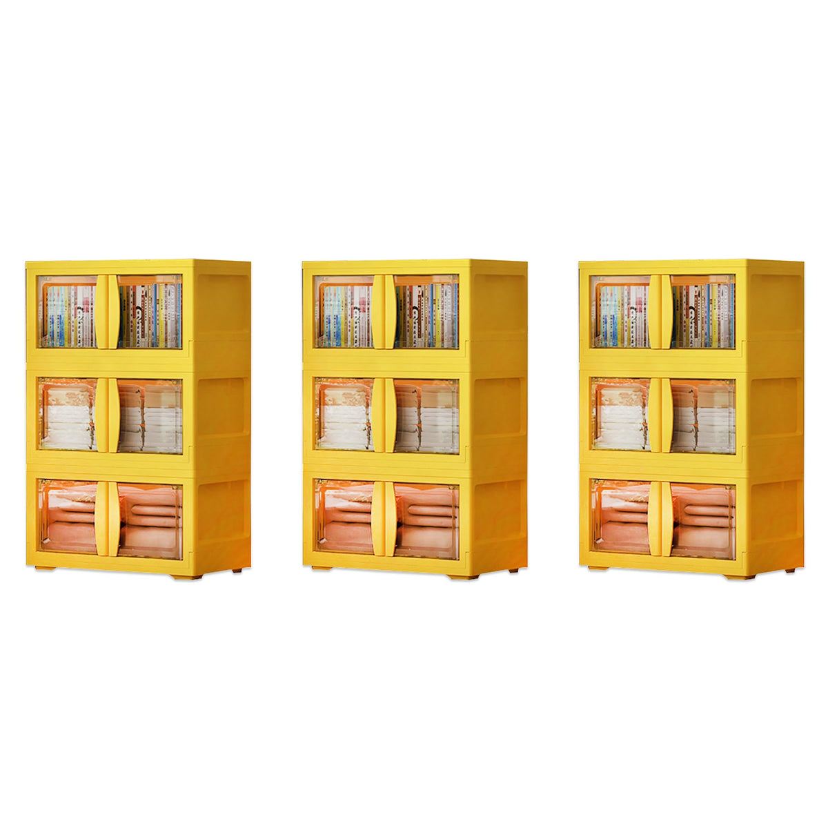 Kuber Industries (Set of 3) 3-Layer Double Door Almirah for Clothes - Collapsible & Foldable Dress Racks/Plastic Cupboard for Storage - Yellow