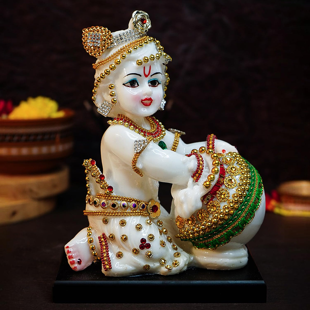 Ekhasa Aura Series Marble Dust Bal Gopal Murti (8 inch, Medium Size) | Gemstone Zircon Studded Laddu Gopal Murti for Pooja | Resin Baby Krishna Idol for Home | Sri Krishna Idols for Gift