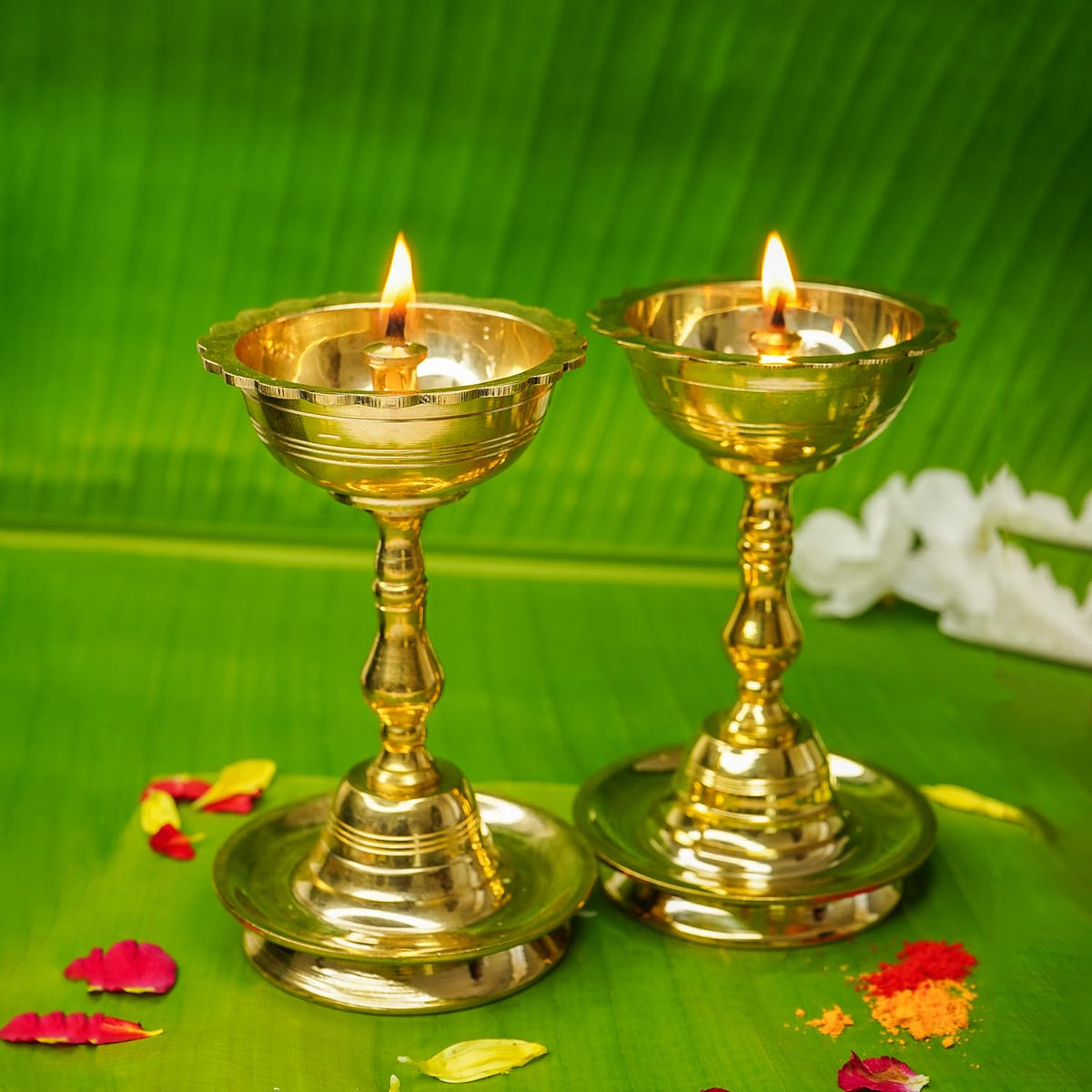 Ekhasa 100% Pure Brass Heavy Udupi Nanda Table Diya for Puja | Akhand Jyothi Deepam Kundulu for Pooja | Brass Vilakku Diyas for Pooja | Dipak Diva Deepas for Pooja | Tall Deep Pyali Stand (Set of 2)