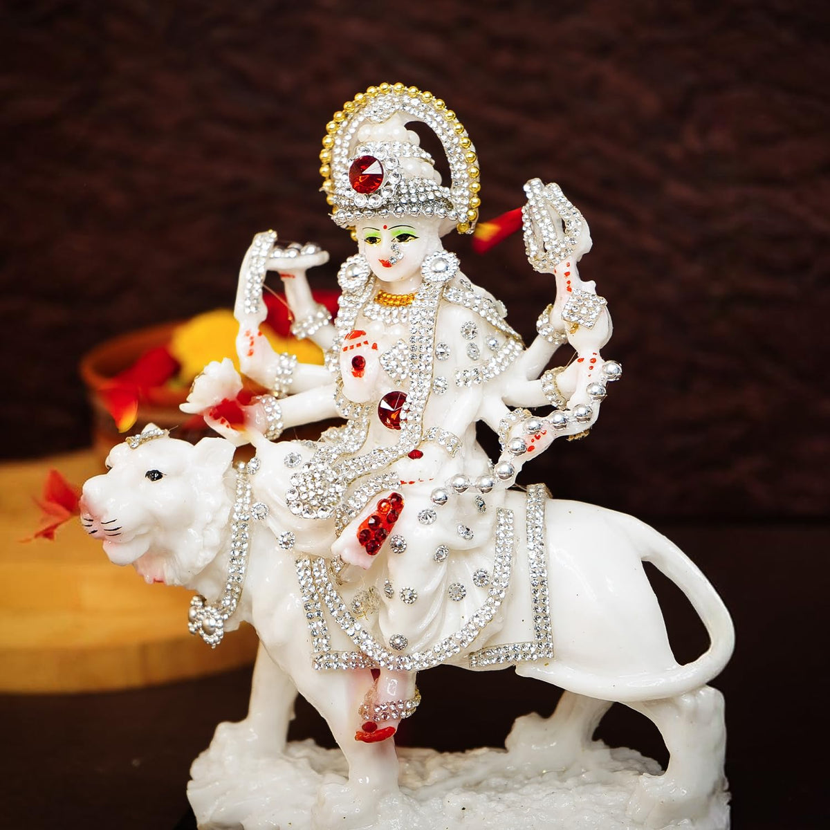 Ekhasa Aura Series Marble Dust Durga Maa Idol (8 inch, Medium Size) | Gemstone Zircon Studded Durga MATA Murti for Home Decor, Puja | Resin MATA Rani Murti | Maa Durga Murti