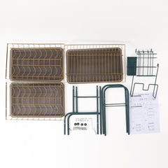 Kuber Industries 3-Layer Dish Drying Rack|Storage Rack for Kitchen Counter|Drainboard & Cutting Board Holder|Premium Utensils Basket Pack of 5 (Dark Green & Gold)