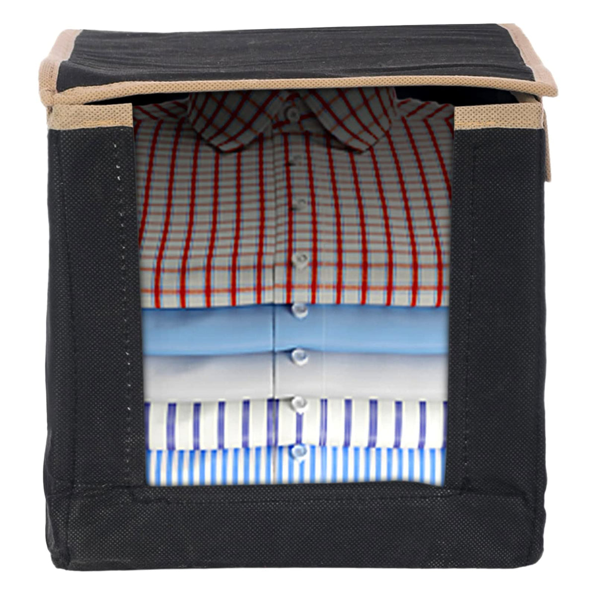 Kuber Industries Non-Woven Foldable Shirt Stacker/Wardrobe Organizer For Shirts, Sarees, Lehengas With Handle & Lid (Black)