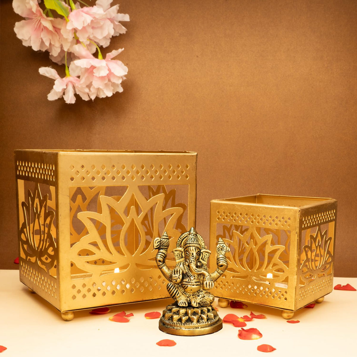 Ekhasa 100% Pure Brass Ganesha Idol & Lotus Tealight Candle Holder (8.4 cm) | Pital Ganesh Murti for Pooja Room, Home Decor, Office Desk, Car Dashboard | Vinayagar Statue for Diwali Puja (Combo Set)