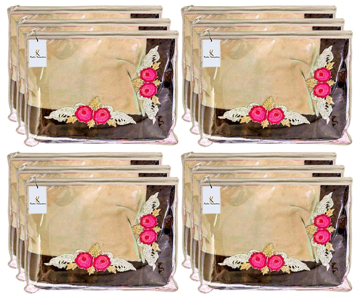 Kuber Industries Non-Woven Single Packing Saree Cover|Transparent & Zipper Closure|Pack Of 12 (Ivory)-Kubmart2828