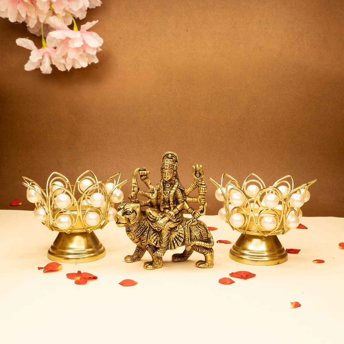 Ekhasa Pure Brass Durga Maa Idol & Tealight Candle Holder | Durga MATA Murti for Home Decor, Puja Room | MATA Rani Murti for Office Desk | Maa Durga Idol for Gift | Sherawali Ma (Combo)