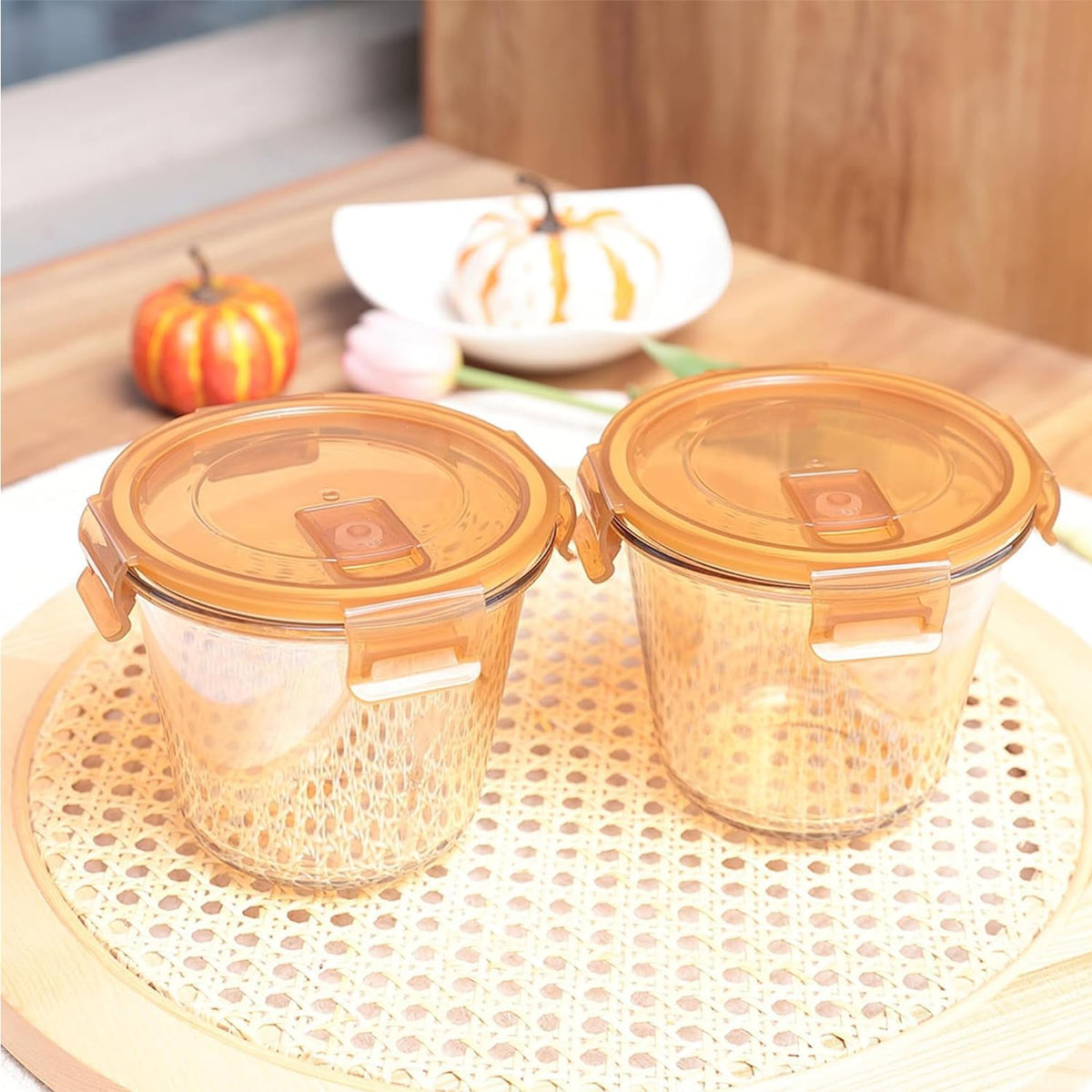 Homestic Pack of 3 Borosilicate Glass Kitchen Containers Set with Airvent Pp Lid | Airtight Round Fridge Storage Boxes for Grains, Pulses, Spices, Snacks | 610 ml Each | Light Orange