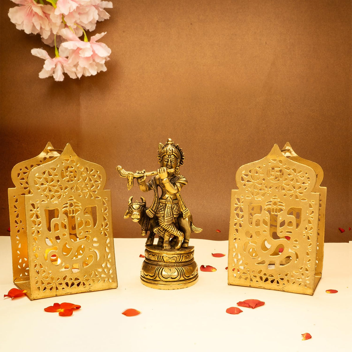 Ekhasa 100% Pure Brass Lord Krishna Idol with Flute & Tealight Candle Holder | Shree Krishna Statue for Home Decor | Kanha Ji ki Murti for Office Desk | Sri Krishna Idols Gift (Combo)