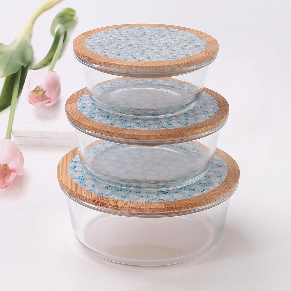 Homestic Pack of 3 Borosilicate Glass Kitchen Containers with Bamboo Lid | 390ml 620ml 960ml | Airtight Round Fridge Storage Boxes |Kitchen accessories items | Dandy Daisies Print