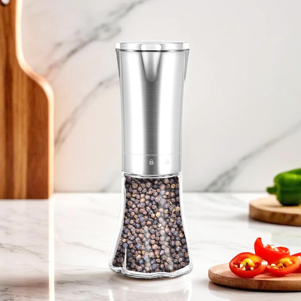 UMAI Black Pepper Crusher (200ml) | Glass & Stainless Steel Body with Ceramic Burr | Pepper Mill | Manual Grinder for Kitchen | Adjustable Coarseness | Salt Pepper Grinder