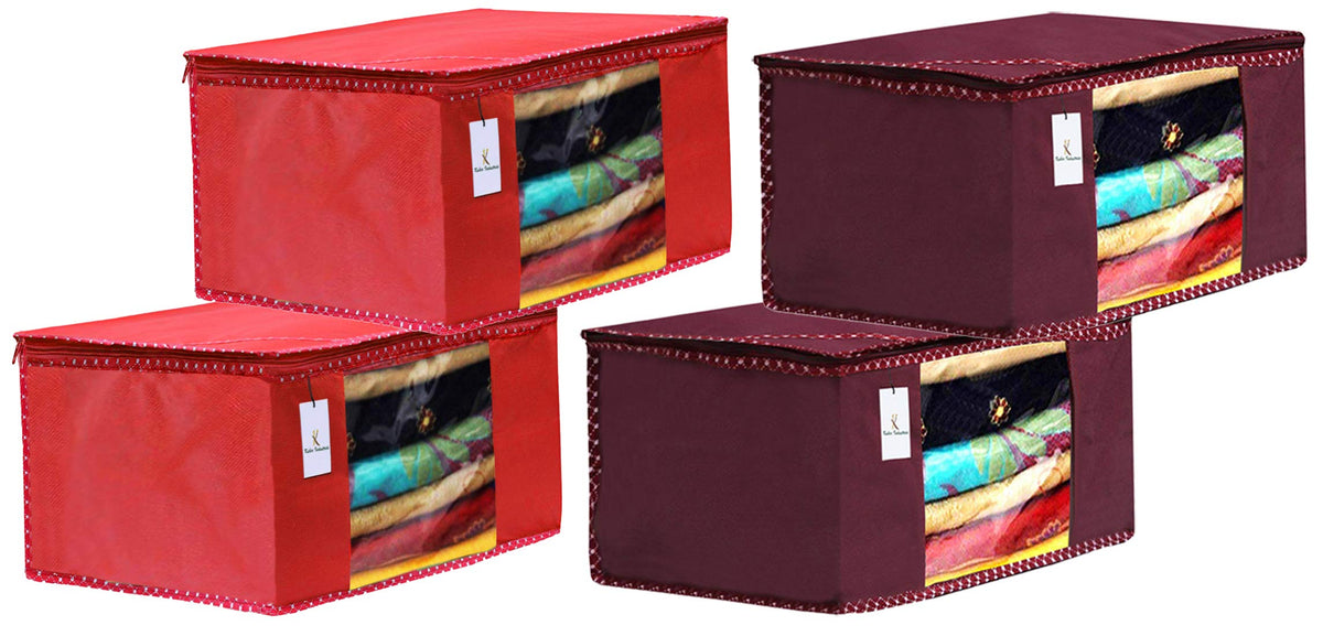 Kuber Industries 4 Piece Non Woven Fabric Saree Cover Set with Transparent Window, Extra Large, Maroon & Red-CTKTC031952