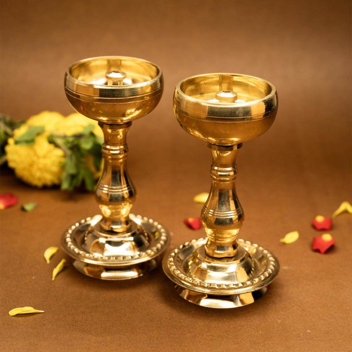 Ekhasa 100% Pure Brass Heavy Udupi Nanda Table Diya for Puja | Akhand Jyothi Deepam Kundulu for Pooja | Brass Vilakku Diyas for Pooja | Dipak Diva Deepas for Pooja | Tall Deep Pyali Stand (Set of 2)