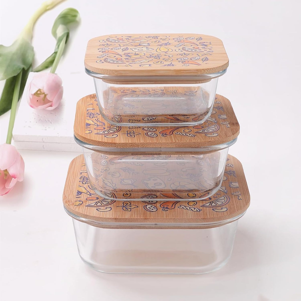 Heart Home Borosilicate Kitchen Containers Set with Bamboo Lid | Glass Containers with Lid | Airtight | Microwave Safe | Ratatouille Print | 310ml 510ml 800ml | Pack of 3 | Multipurpose