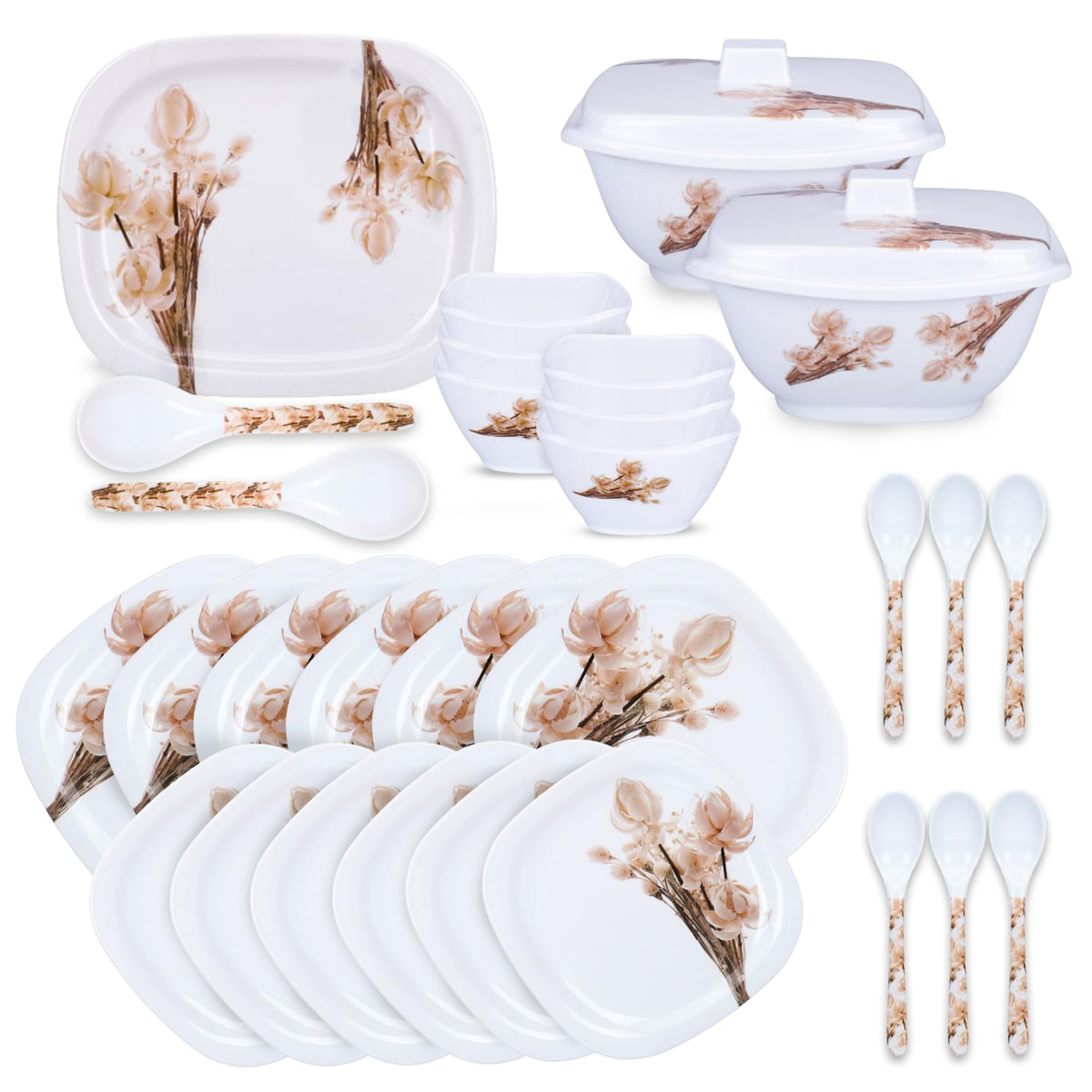 Kuber Industries 31 Pieces Square Unbreakable Microwave & Dishwasher Safe Melamine Dinnerware Kitchen Crockery Set | Glossy Dinner Sets & Kitchen Set for Home | White Rose - White