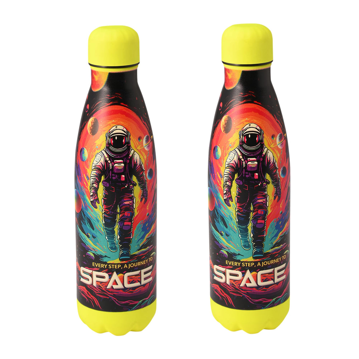 Kuber Industries 500 ml Water Bottle with 2 Lids | Journey To Space | Stainless Steel Bottle for Travel & Sports | BPA-Free Insulated Sipper Bottle for Adults & Kids with Straw | Multicolor|Pack of 2