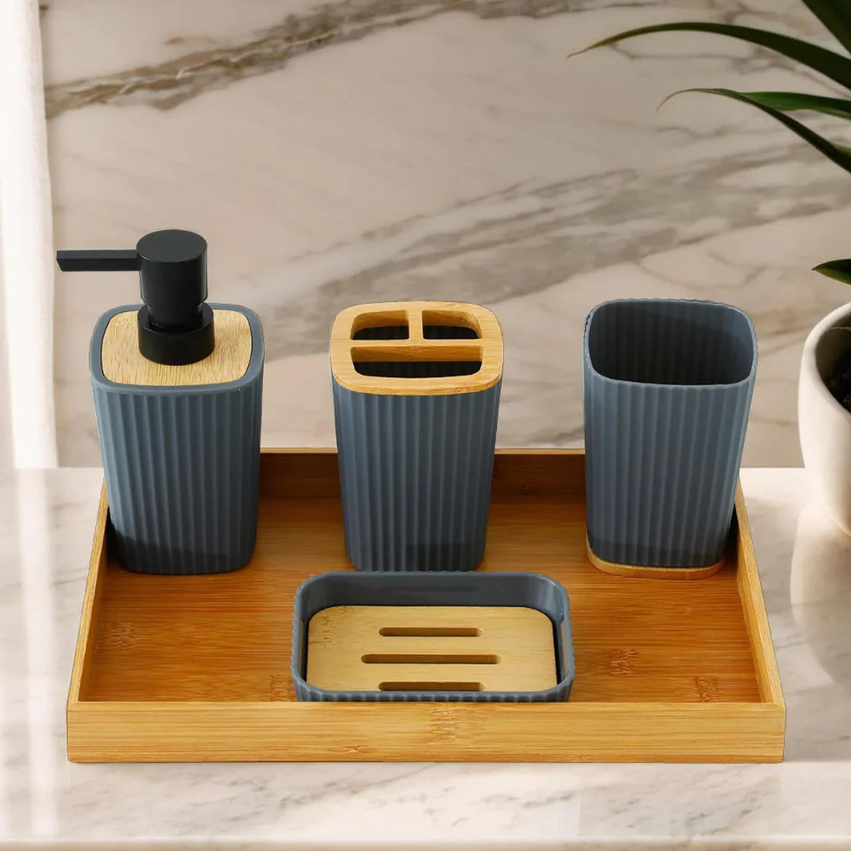 UMAI Bathroom Accessory Sets | Durable Grey Wood Tray | Soap Dispenser 357ml, Toothbrush Holder, Mouthwash Cup & Soap Dish | Lightweight | for Bathroom/Kitchen Sink | Grey and Brown | Pack of 5