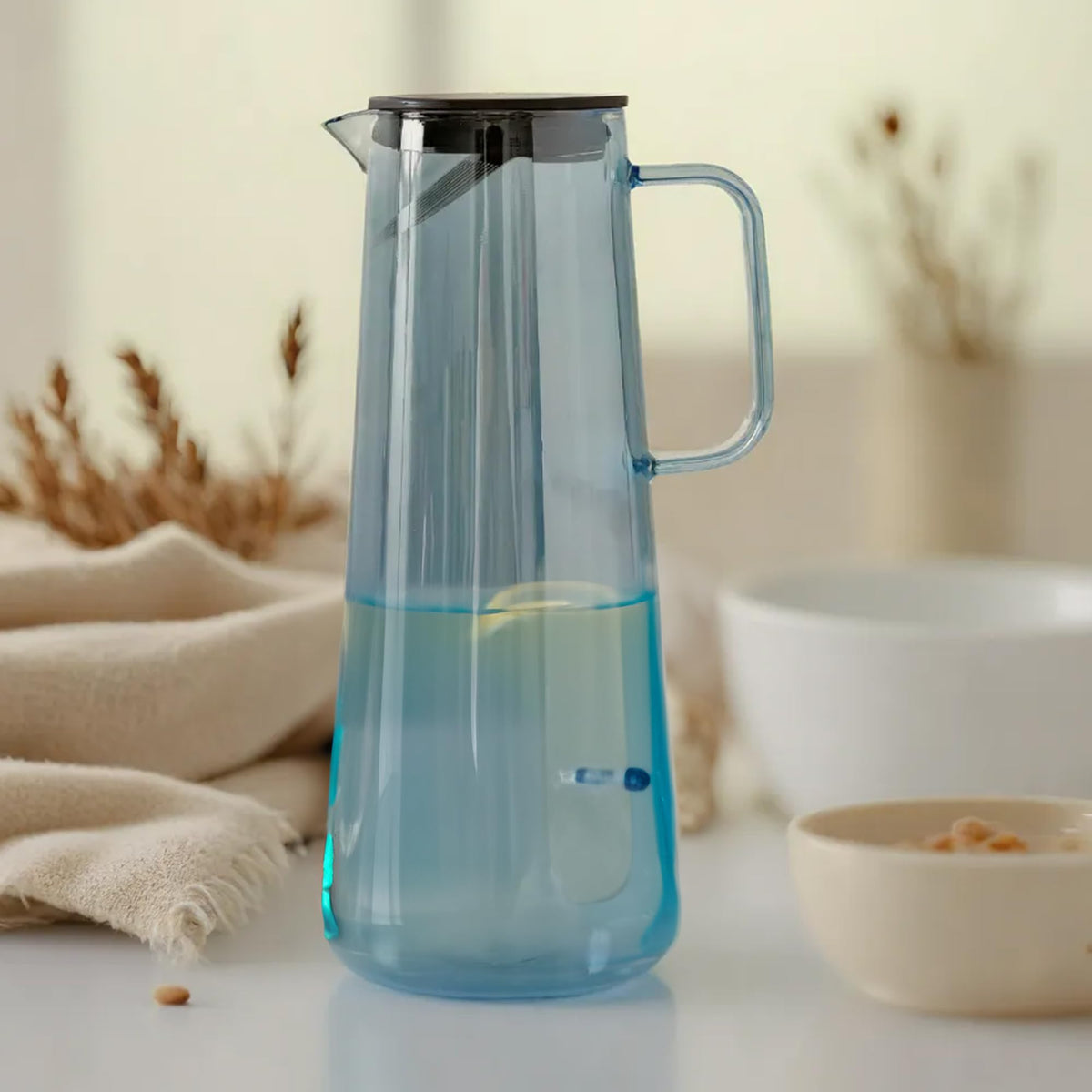 UMAI Borosilicate Glass Water Jug with Airtight Lid (1.8L) | Glass Jar for Water with Handle | Water Storage Containers | Glass Jug for Water | Water Jugs for Dining Table | Detox Water Jar (Blue)