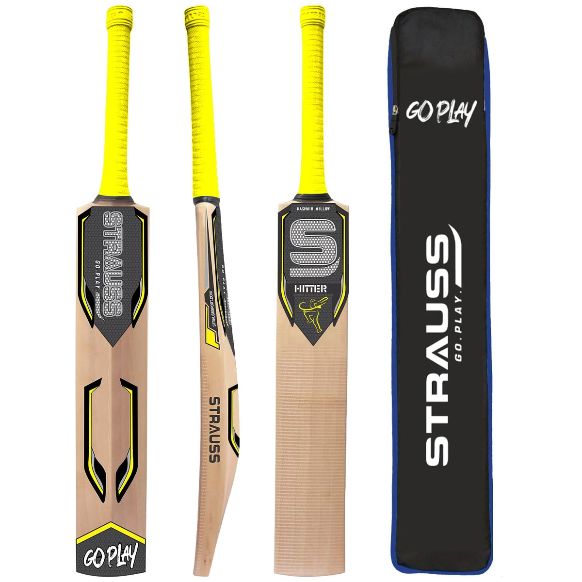 STRAUSS Hitter Kashmir Willow Cricket Bat |Size: Short Hand |Suitable for Tennis Ball |Yellow| Ideal for Boys/Youth/Adults (1050-1200 Grams)