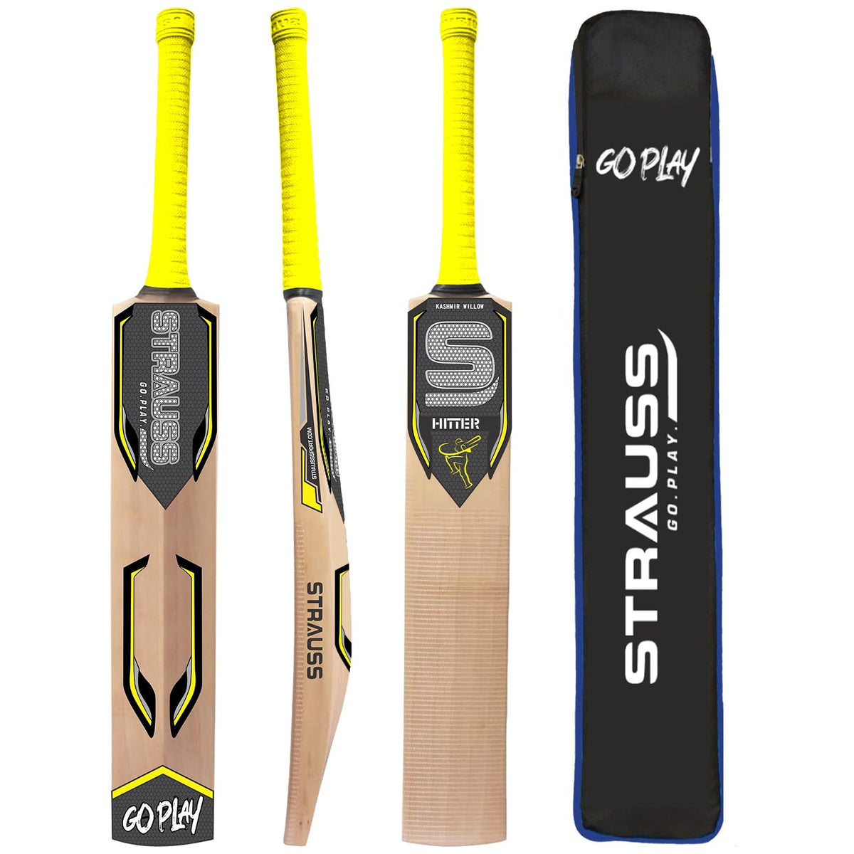 STRAUSS Hitter Kashmir Willow Cricket Bat | Size: Short Handle (SH) | Suitable Only for Tennis Ball | Age Group 13+ yrs | for Youth/Adults | Anti Scuff Sheet & Bat Cover | Yellow | (1050-1200 Grams)